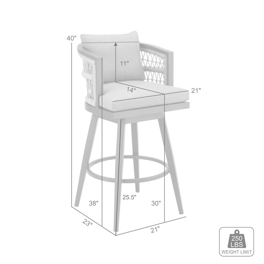 Zella Outdoor Patio Swivel Bar Stool in Aluminum with Light Gray Rope. Picture 9