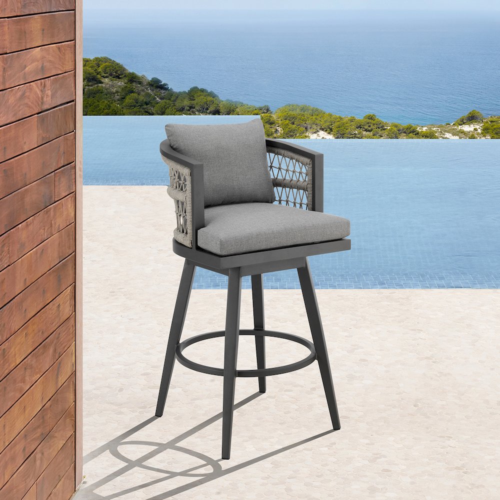 Zella Outdoor Patio Swivel Bar Stool in Aluminum with Light Gray Rope. Picture 10