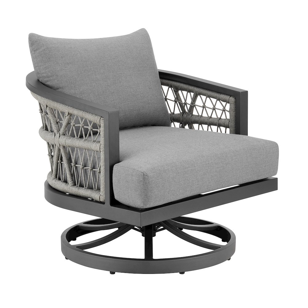 Zella Outdoor Patio Swivel Armchair in Aluminum with Light Gray Rope. Picture 1