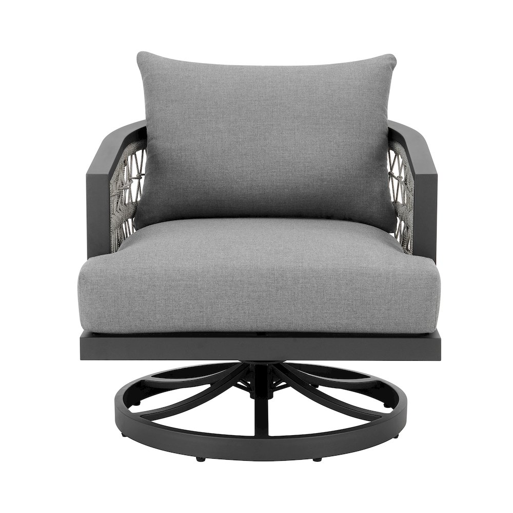 Zella Outdoor Patio Swivel Armchair in Aluminum with Light Gray Rope. Picture 2