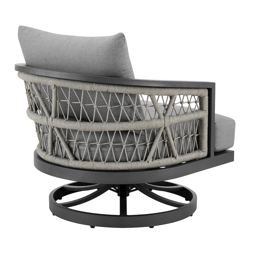 Zella Outdoor Patio Swivel Armchair in Aluminum with Light Gray Rope. Picture 3