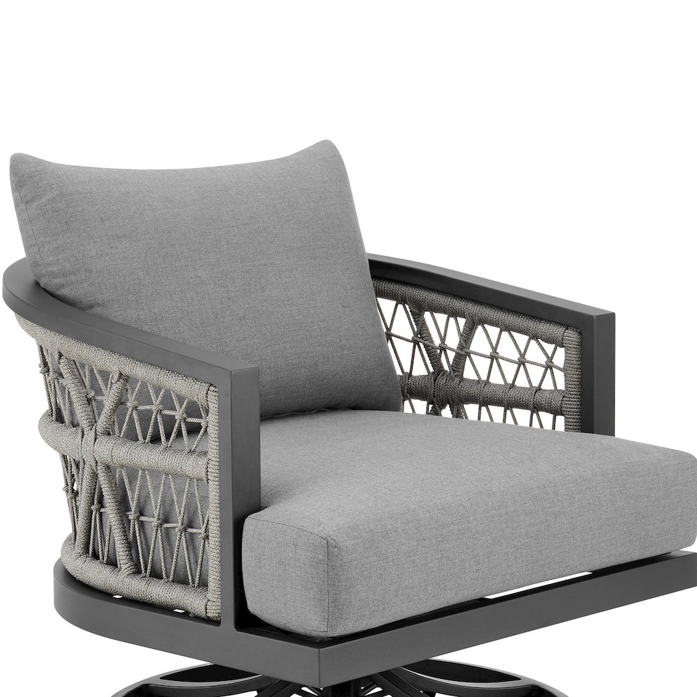 Zella Outdoor Patio Swivel Armchair in Aluminum with Light Gray Rope. Picture 4