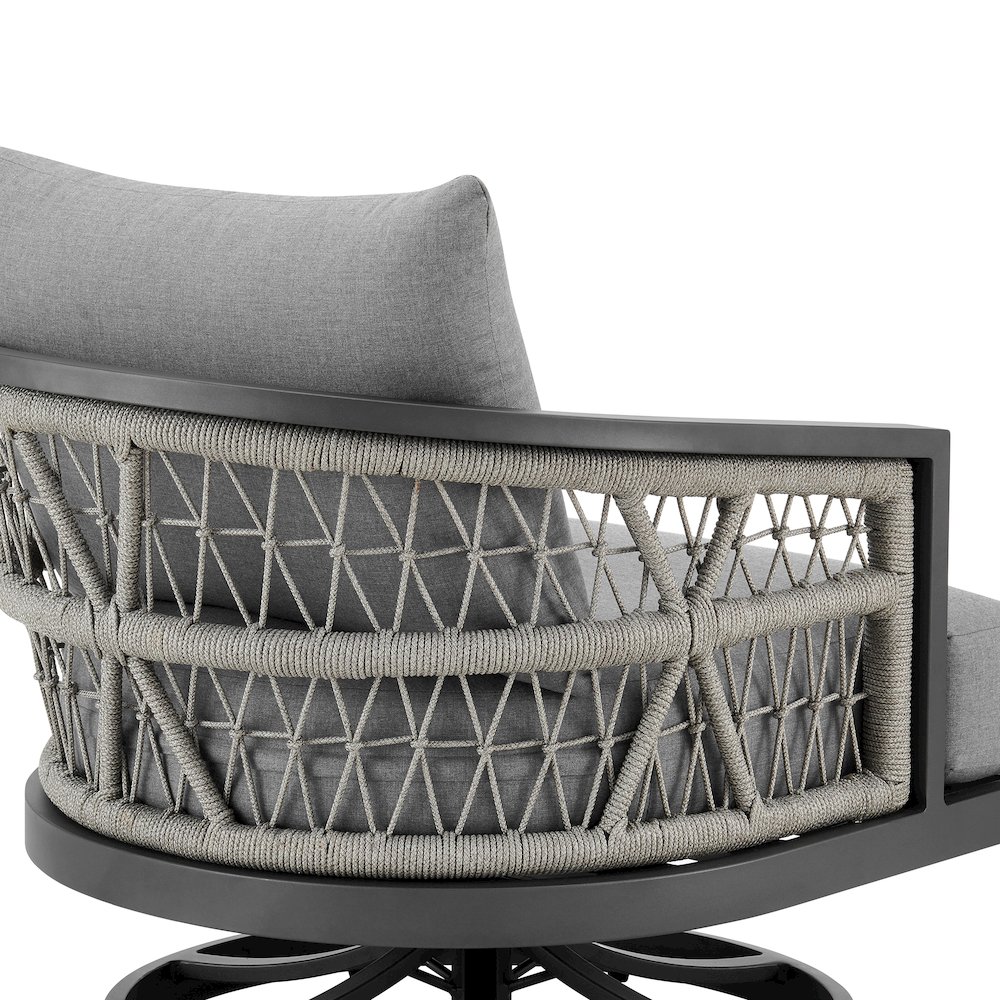 Zella Outdoor Patio Swivel Armchair in Aluminum with Light Gray Rope. Picture 5