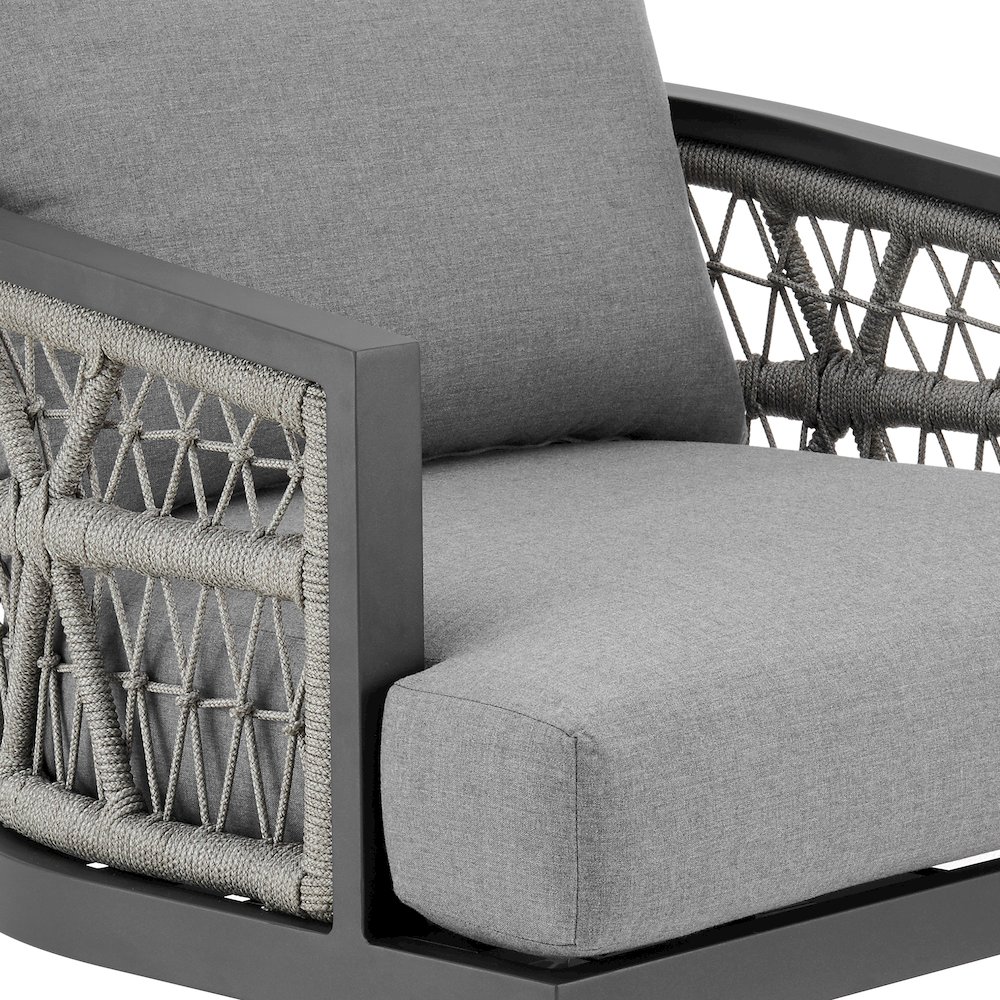 Zella Outdoor Patio Swivel Armchair in Aluminum with Light Gray Rope. Picture 6