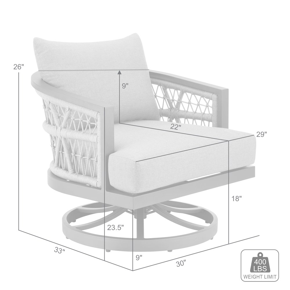 Zella Outdoor Patio Swivel Armchair in Aluminum with Light Gray Rope. Picture 9