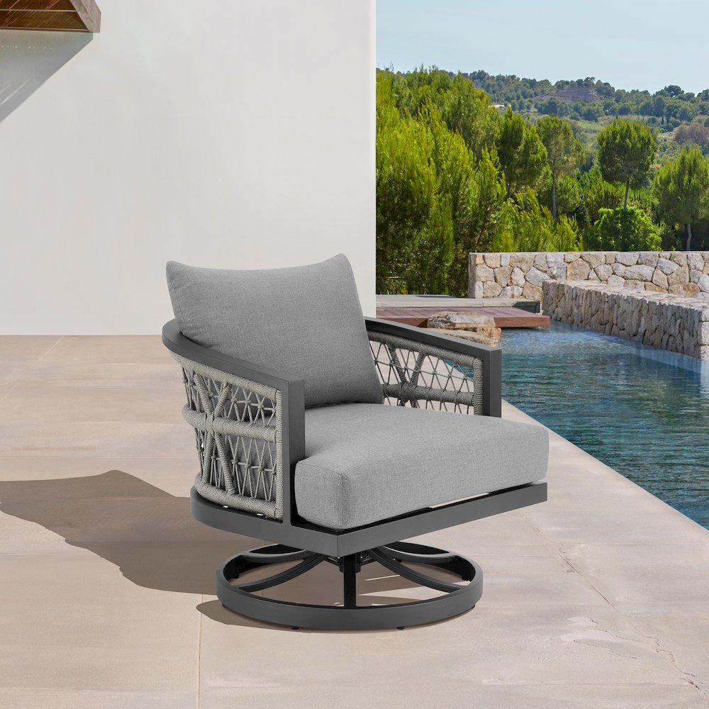 Zella Outdoor Patio Swivel Armchair in Aluminum with Light Gray Rope. Picture 10