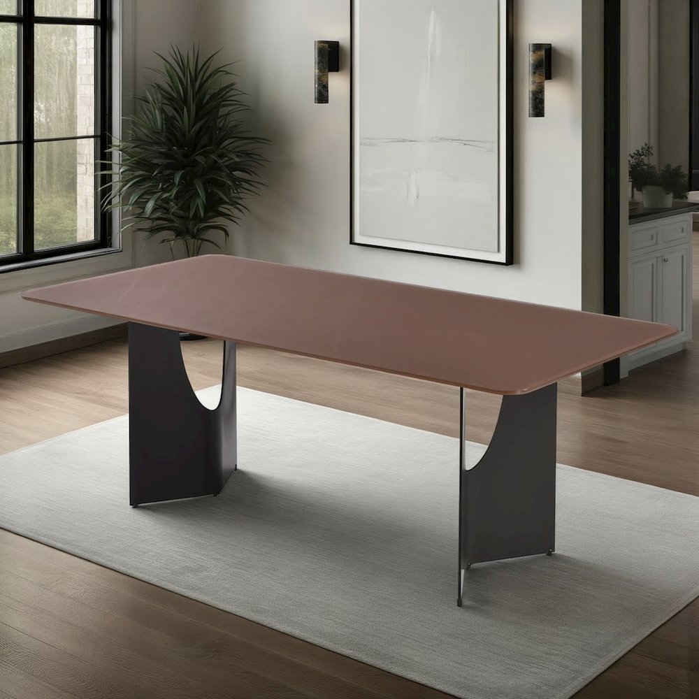 79in Rectangular Dining Table with Maroon Tempered Glass Table Top-Seats up to 6. Picture 9