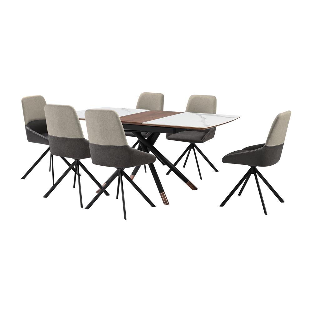 Alora Maverick 7 Piece Extendable Dining Set with Two-Tone Gray Fabric Chairs. Picture 1