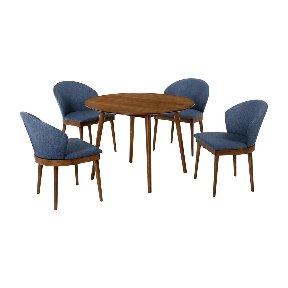 Arcadia and Juno 42" Round Blue and Walnut Wood 5 Piece Dining Set. Picture 1