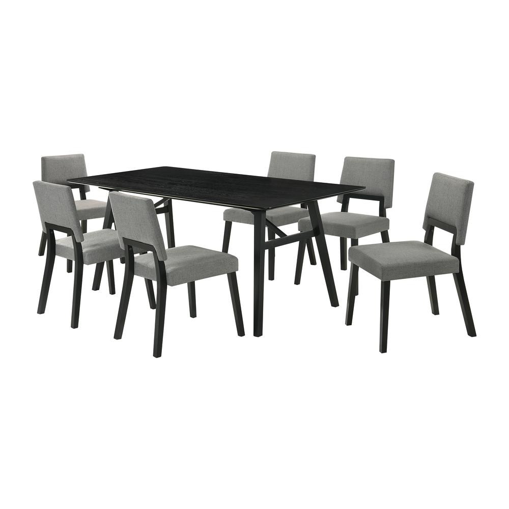 Channell 7 Piece Black Wood Dining Table Set with Charcoal Fabric. Picture 1