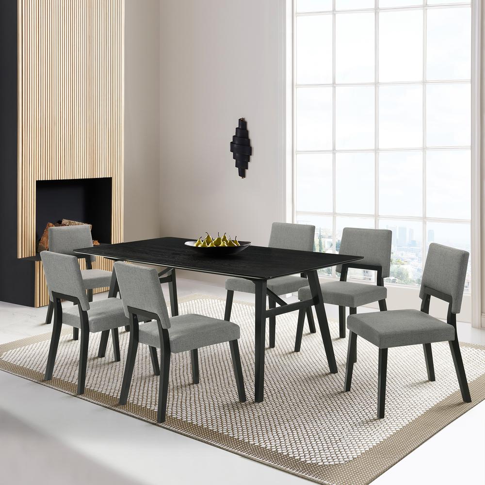 Channell 7 Piece Black Wood Dining Table Set with Charcoal Fabric. Picture 11