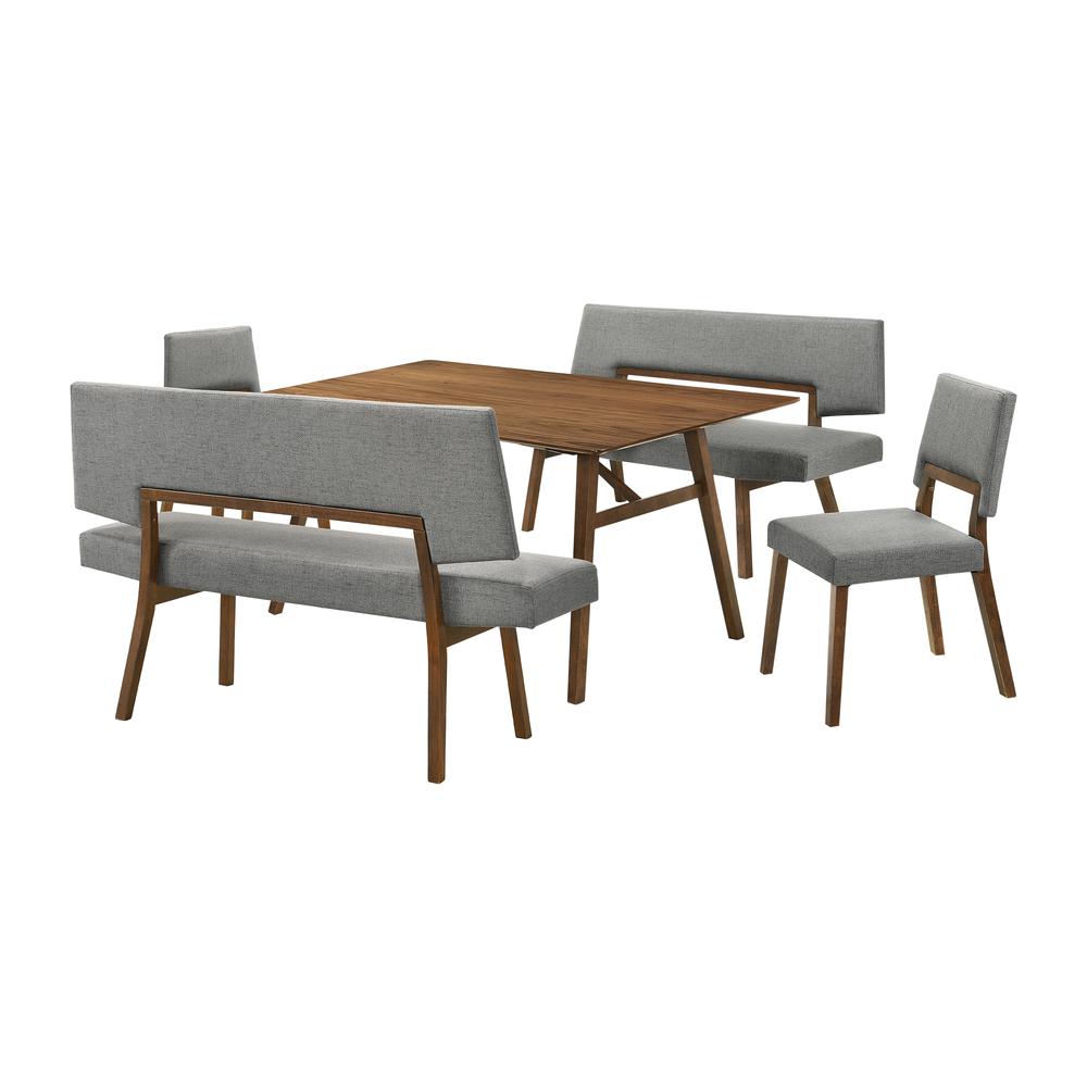 Channell 5 Piece Walnut Wood Dining Table Set with Benches in Charcoal Fabric. Picture 1