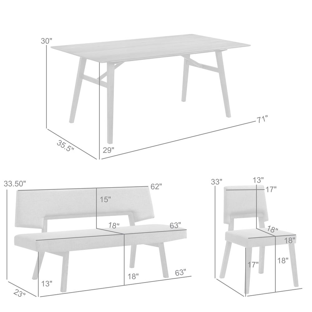 Channell 5 Piece Walnut Wood Dining Table Set with Benches in Charcoal Fabric. Picture 11