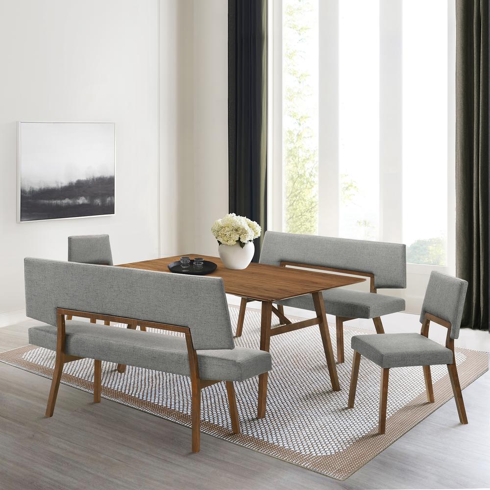 Channell 5 Piece Walnut Wood Dining Table Set with Benches in Charcoal Fabric. Picture 12