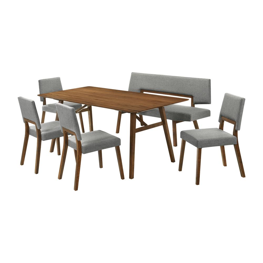 Channell 6 Piece Walnut Wood Dining Table Set with Bench in Charcoal Fabric. Picture 1