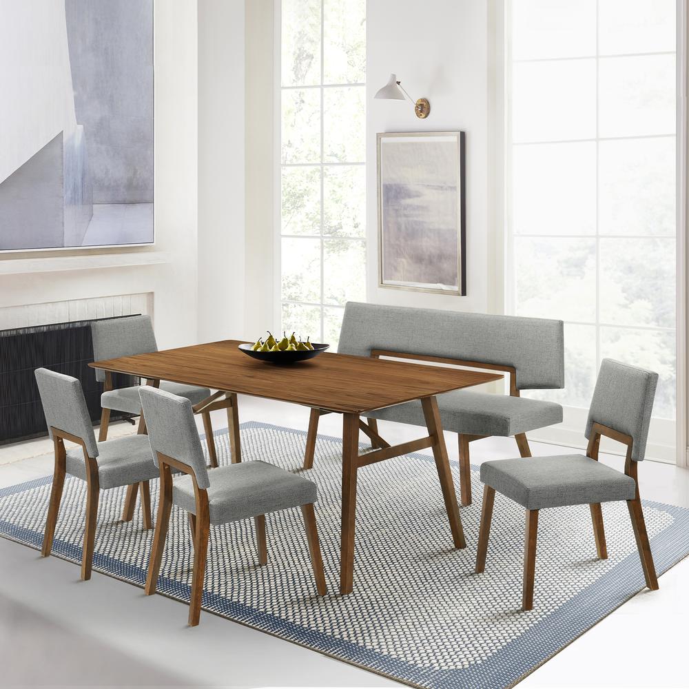 Channell 6 Piece Walnut Wood Dining Table Set with Bench in Charcoal Fabric. Picture 11