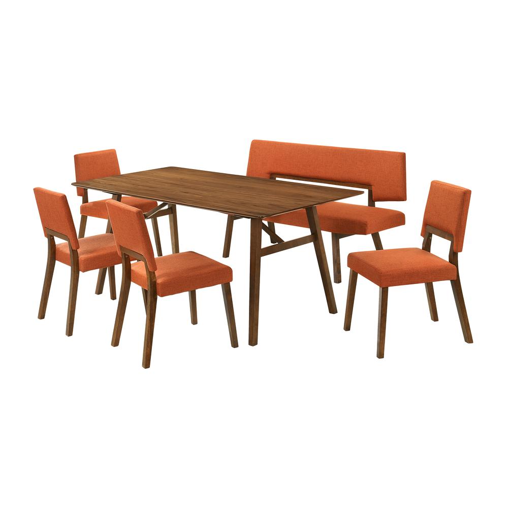 Channell 6 Piece Walnut Wood Dining Table Set with Bench in Orange Fabric. Picture 1