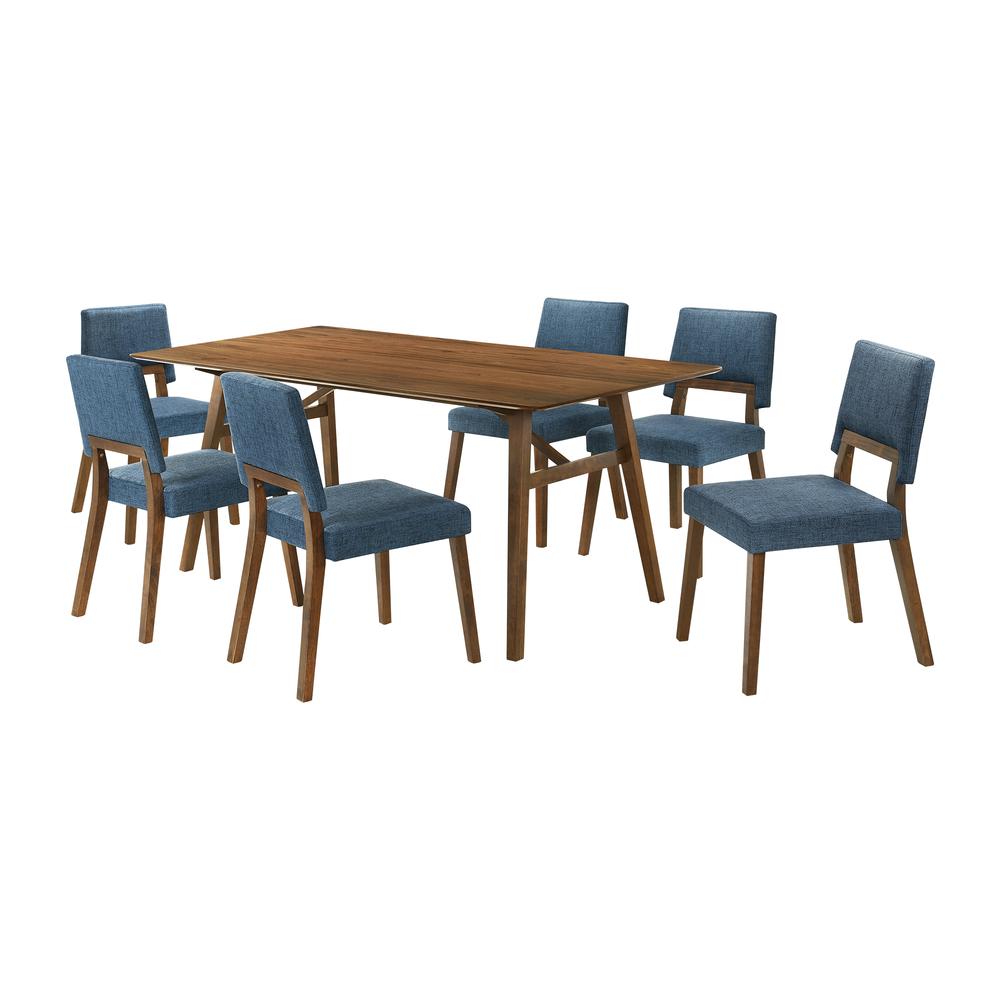 Channell 7 Piece Walnut Wood Dining Table Set with Blue Fabric. Picture 1