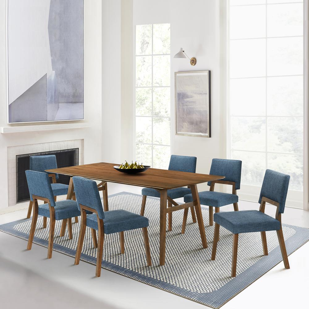 Channell 7 Piece Walnut Wood Dining Table Set with Blue Fabric. Picture 11