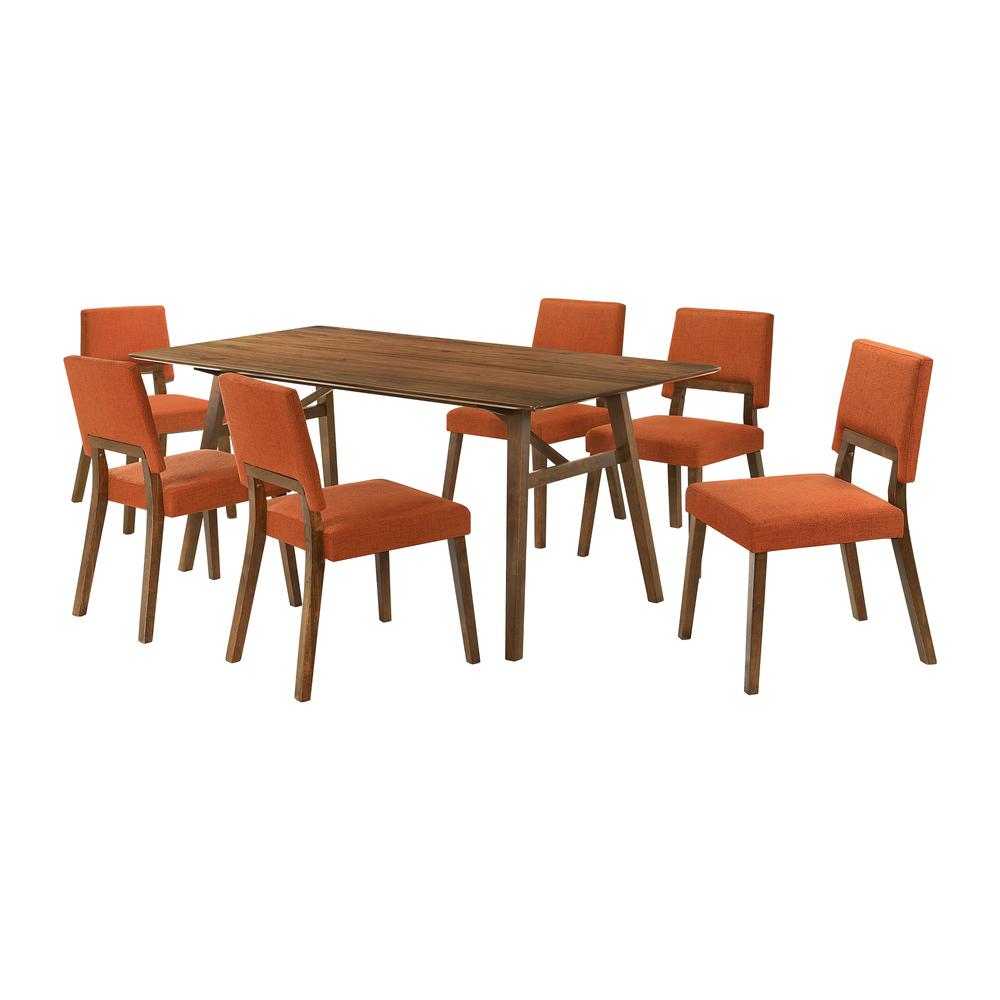 Channell 7 Piece Walnut Wood Dining Table Set with Orange Fabric. Picture 1