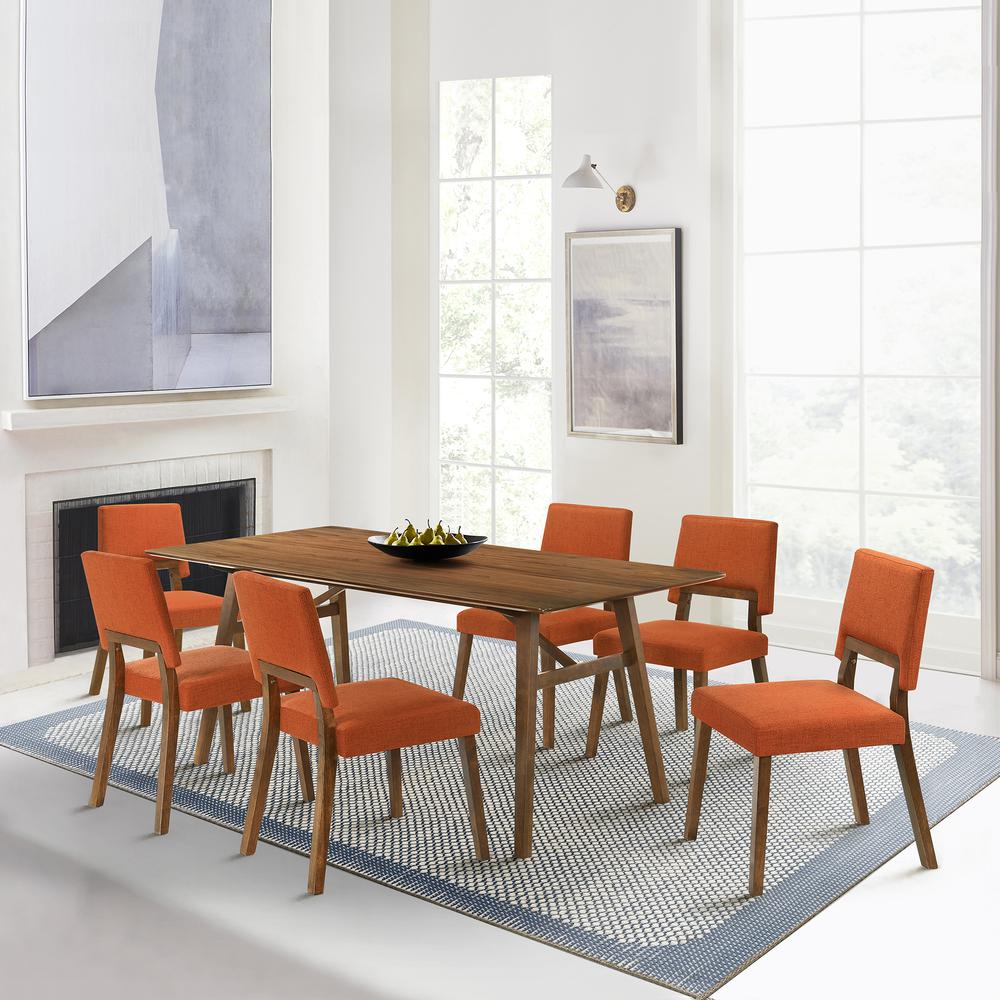 Channell 7 Piece Walnut Wood Dining Table Set with Orange Fabric. Picture 11