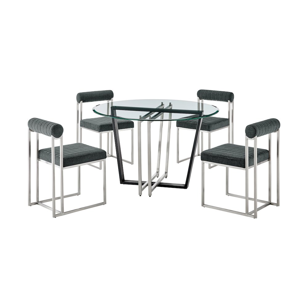 Devi Anastasia 5 Piece Round Glass Dining Table Set with Brushed Stainless Steel. Picture 1