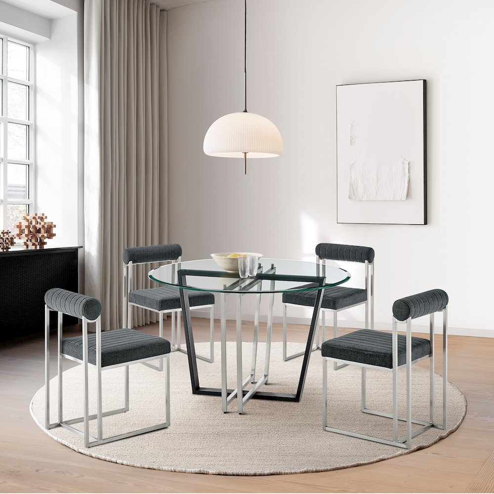 Devi Anastasia 5 Piece Round Glass Dining Table Set with Brushed Stainless Steel. Picture 10