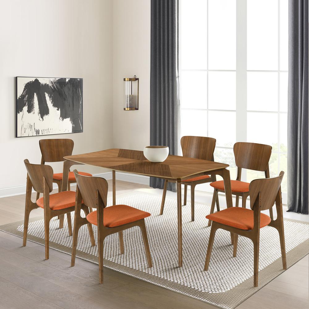 Kalia 7 Piece Wood Dining Set in Walnut Finish with Orange Fabric. Picture 11