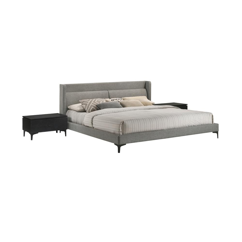 Legend 3 Piece Gray Fabric King Platform Bed and Nightstands Bedroom Set. Picture 1