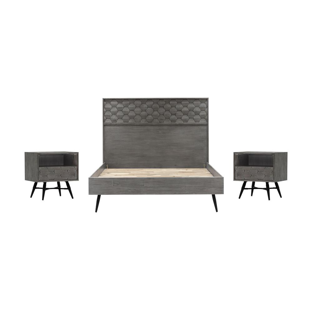 Makena 3 Piece Queen Bedroom Set in Grey Acacia Wood. Picture 1