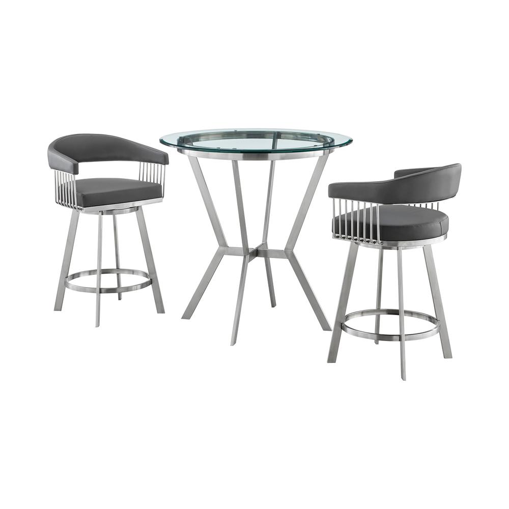 Naomi and Chelsea 3-Piece Counter Height Dining Set in Brushed Stainless Steel and Grey Faux Leather. Picture 1