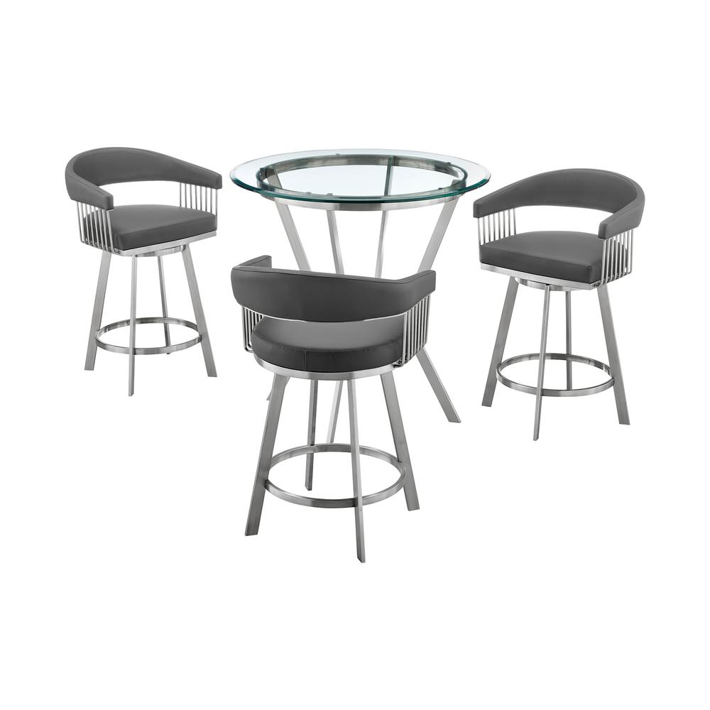 Naomi and Chelsea 4-Piece Counter Height Dining Set in Brushed Stainless Steel and Grey Faux Leather. Picture 1