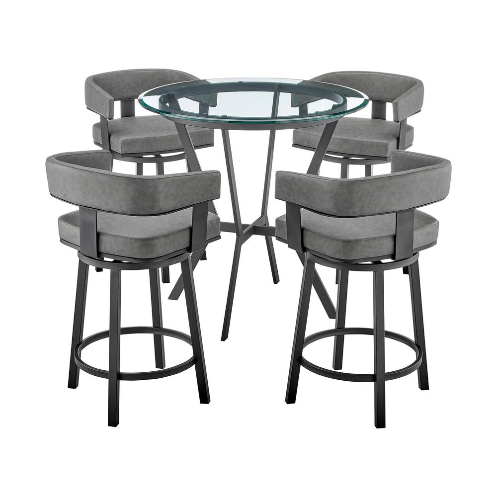 Naomi and Lorin 5-Piece Counter Height Dining Set in Black Metal and Grey Faux Leather. Picture 1