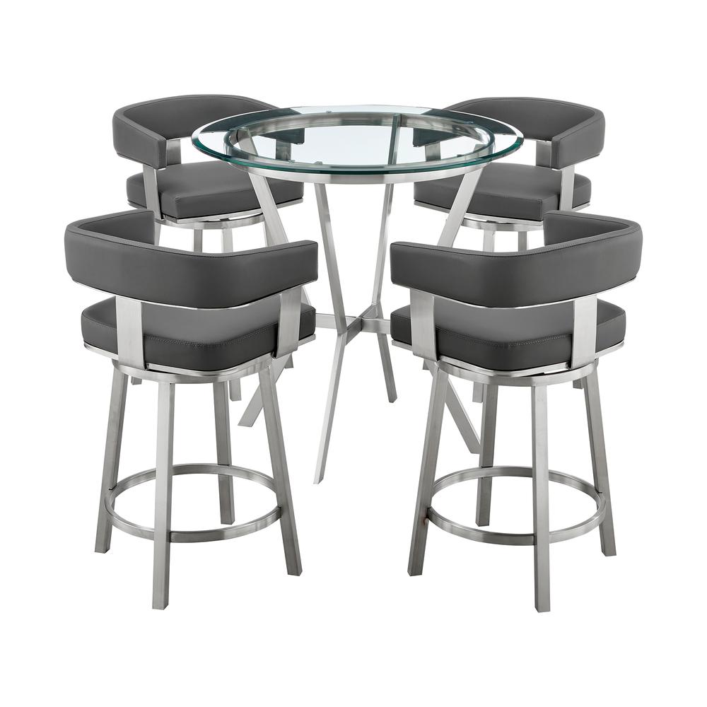 Naomi and Lorin 5-Piece Counter Height Dining Set in Brushed Stainless Steel and Grey Faux Leather. Picture 1