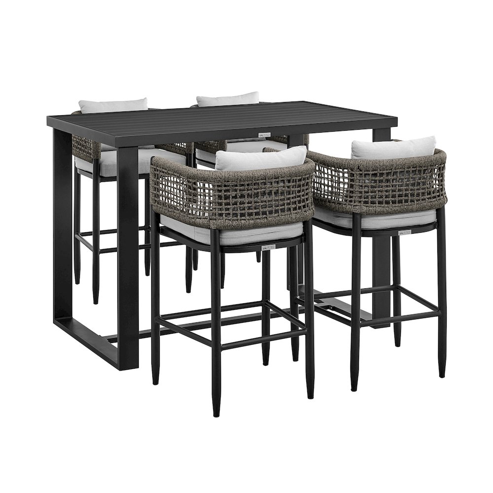 Outdoor Patio 5-Piece Bar Table Set in Aluminum with Gray Rope and Cushions. Picture 1