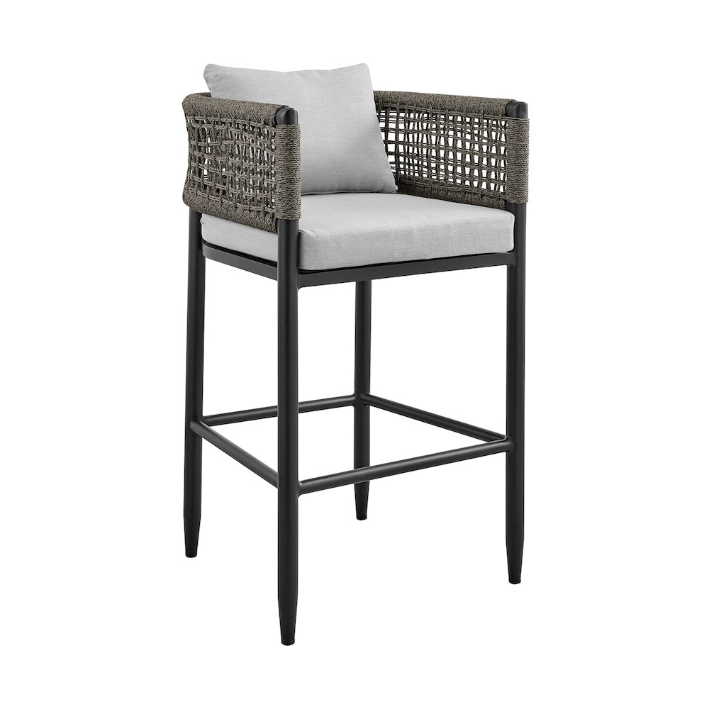 Outdoor Patio 5-Piece Bar Table Set in Aluminum with Gray Rope and Cushions. Picture 2