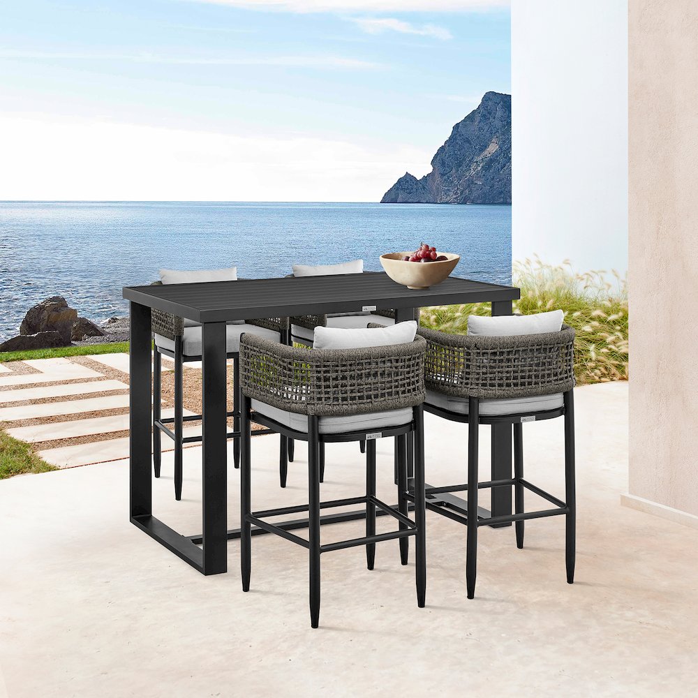 Outdoor Patio 5-Piece Bar Table Set in Aluminum with Gray Rope and Cushions. Picture 9