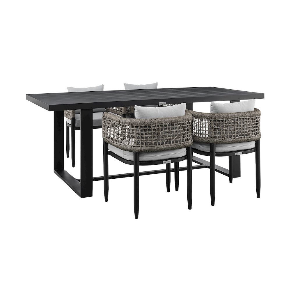 Outdoor Patio 5-Piece Dining Table Set in Aluminum with Gray Rope and Cushions. Picture 1