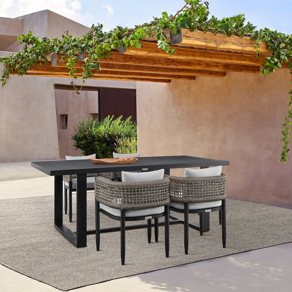 Outdoor Patio 5-Piece Dining Table Set in Aluminum with Gray Rope and Cushions. Picture 10