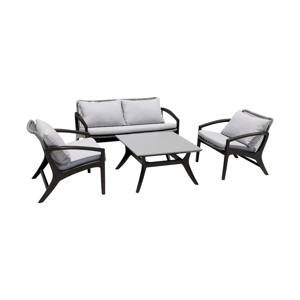 Beckham Outdoor Chair in Dark Eucalyptus Wood and Gray Rope with White Cushions. Picture 1