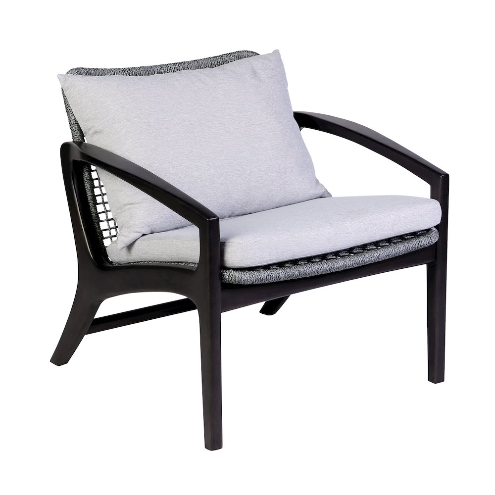 Beckham Outdoor Chair in Dark Eucalyptus Wood and Gray Rope with White Cushions. Picture 2
