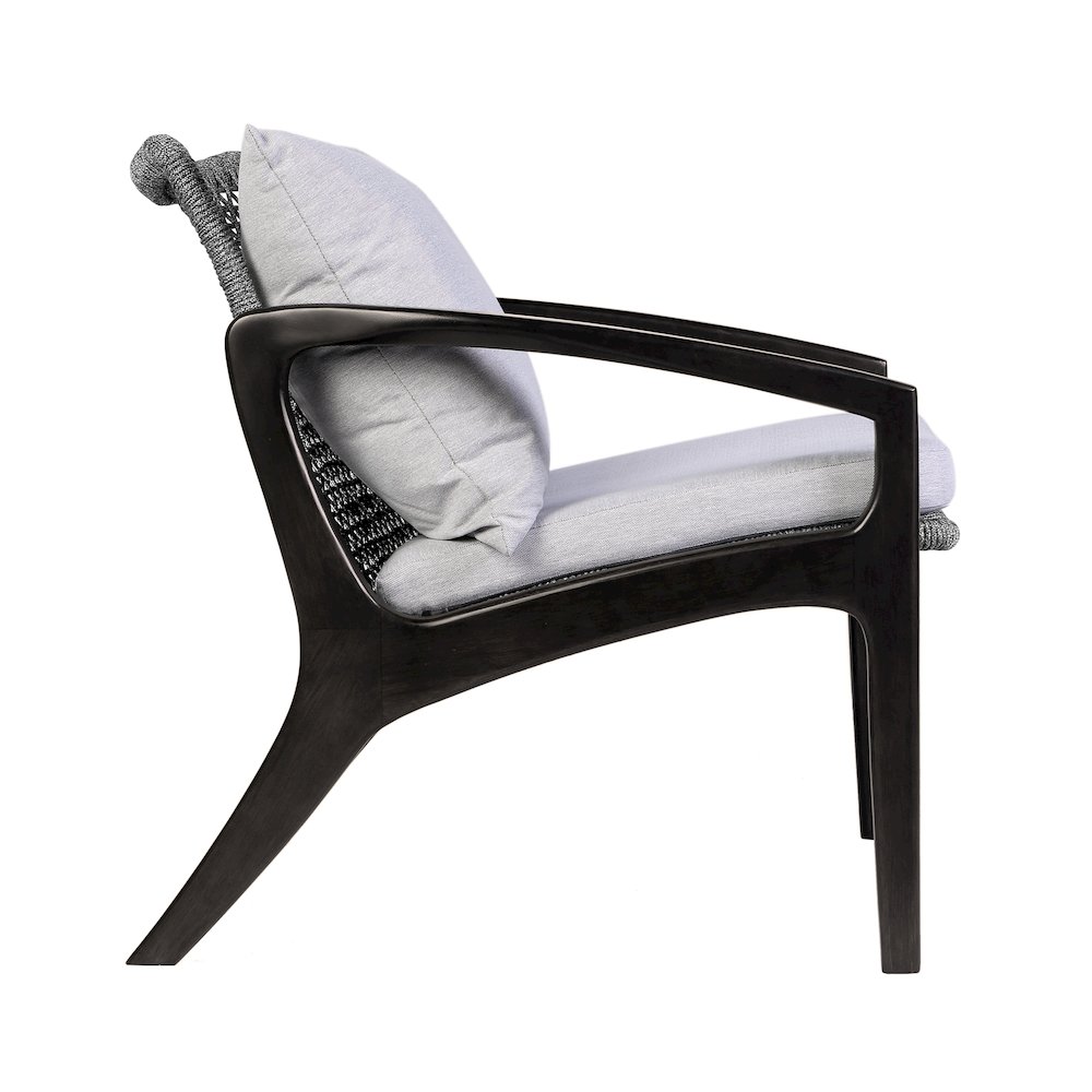 Beckham Outdoor Chair in Dark Eucalyptus Wood and Gray Rope with White Cushions. Picture 3