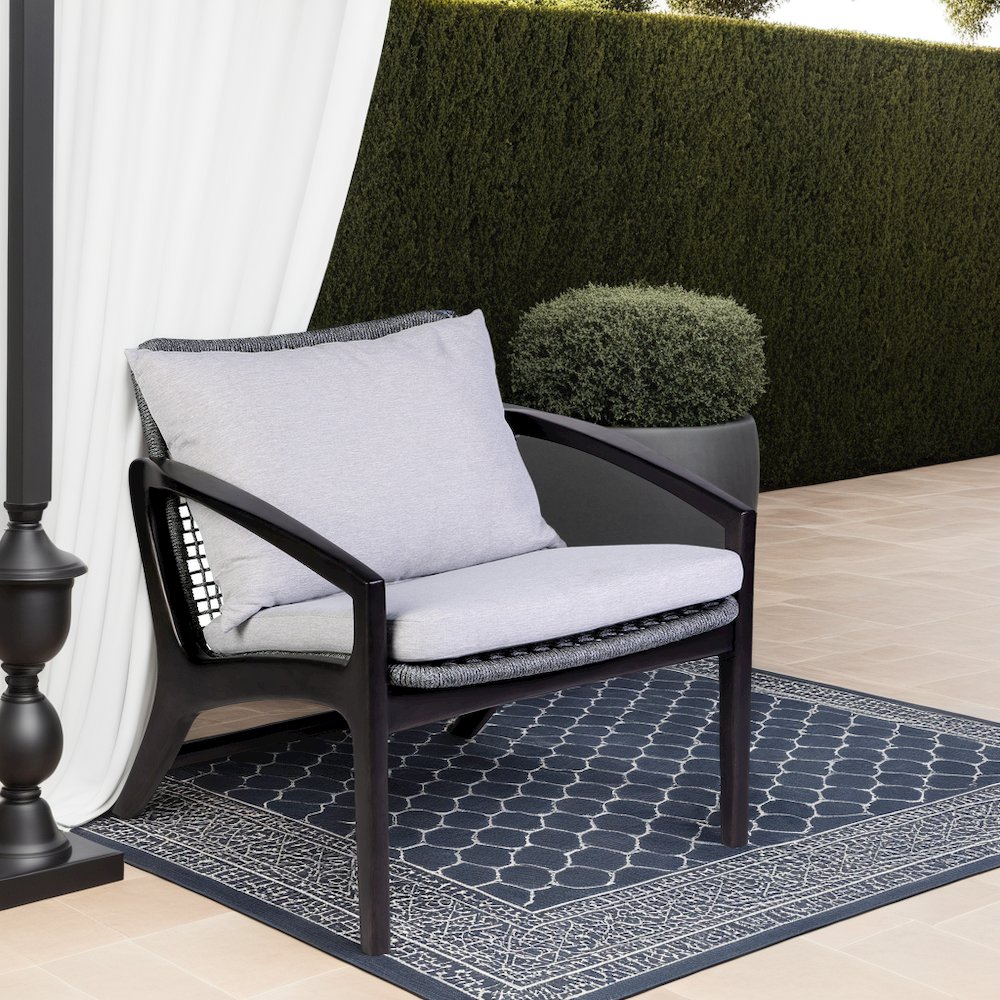 Beckham Outdoor Chair in Dark Eucalyptus Wood and Gray Rope with White Cushions. Picture 9