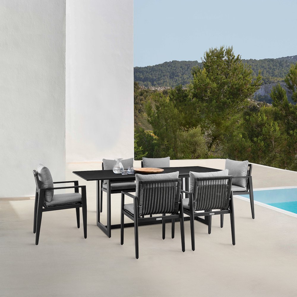 Cayman Outdoor Patio 7-Piece Dining Table Set in Aluminum with Gray Cushions. Picture 10
