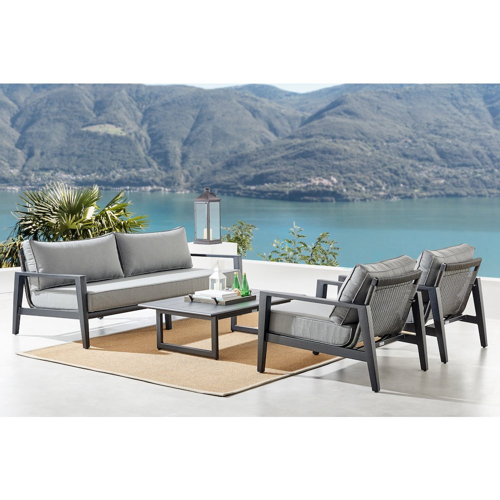 Cayman 4 Piece Black Aluminum Outdoor Seating Set with Dark Gray Cushions. Picture 8