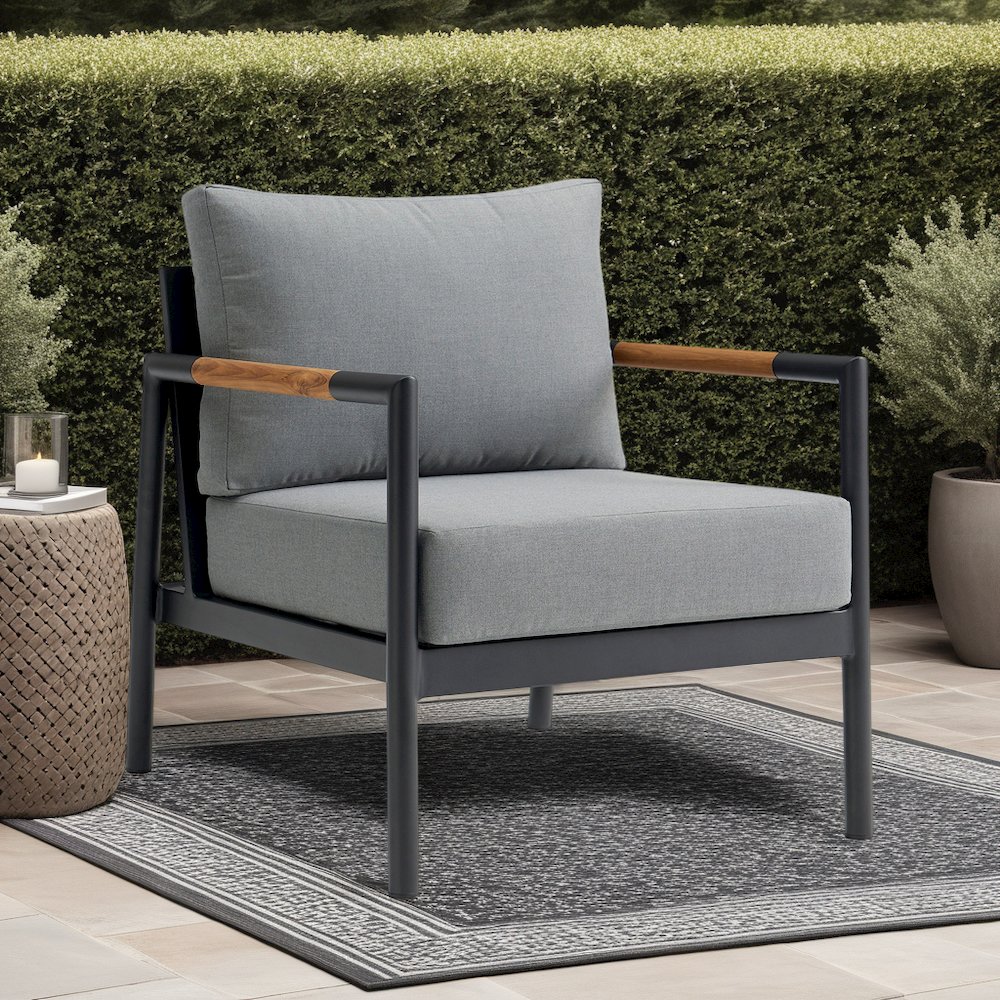 Crown Aluminum and Teak Wood Outdoor Chair in Black and Dark Gray. Picture 5