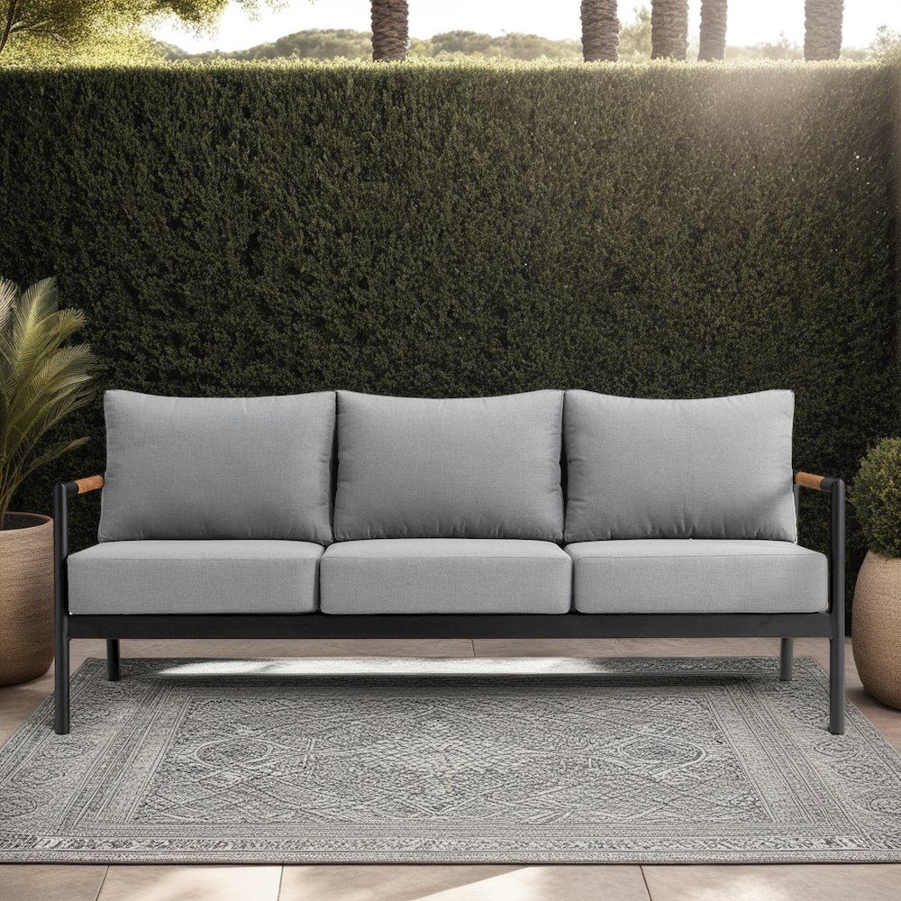 Crown Aluminum and Teak Wood Outdoor Sofa in Black and Dark Gray. Picture 5