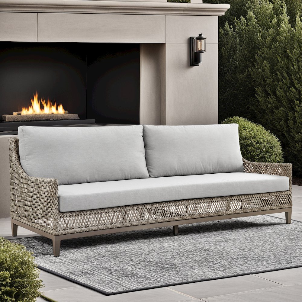 Grenada Wicker and Aluminum Outdoor Sofa in Brown with Gray Cushions. Picture 5