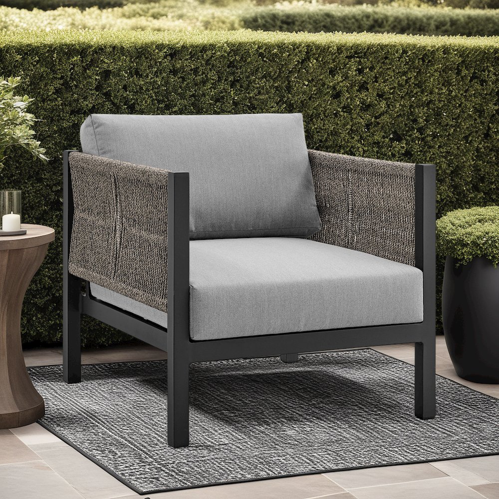 Mareike Aluminum and Rope Outdoor Chair in Black and Dark Gray. Picture 8