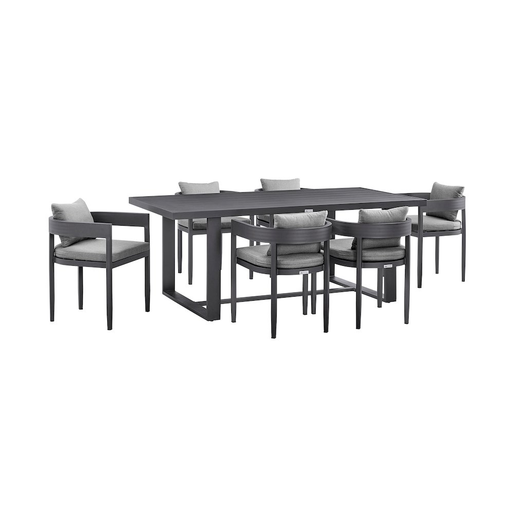 Menorca Outdoor Patio 7-Piece Dining Table Set in Aluminum with Gray Cushions. Picture 1